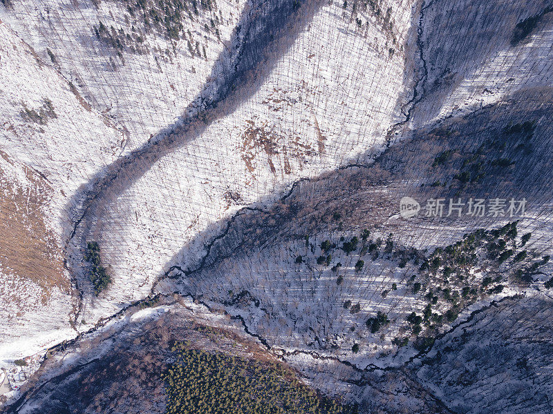 冬季的空中飞行在白雪覆盖的林地上。在山上滑雪度假。