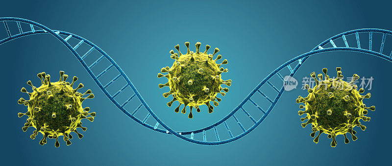 一个螺旋状的DNA链被亮绿色的病毒细胞包围着