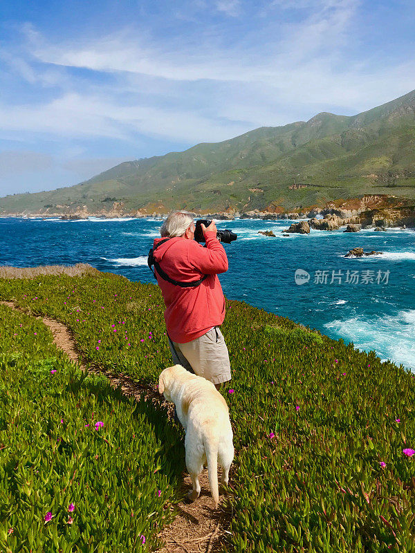 加州大苏尔的高级摄影师和服务犬