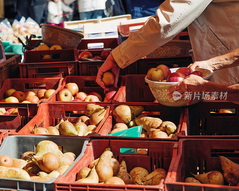 人们在露天市场买苹果