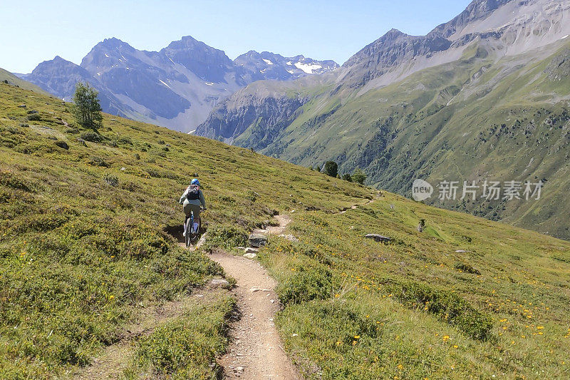 女人沿着阳光明媚的自行车道骑山地车