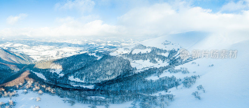 冬天的风景在雾与雪和树枝覆盖着白霜和冰冻的雪。高质量的照片