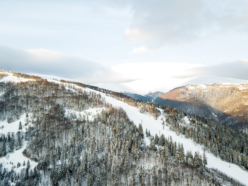 冬天的风景在雾与雪和树枝覆盖着白霜和冰冻的雪。高质量的照片