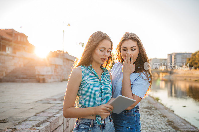 两名年轻女子用平板电脑进行网上购物