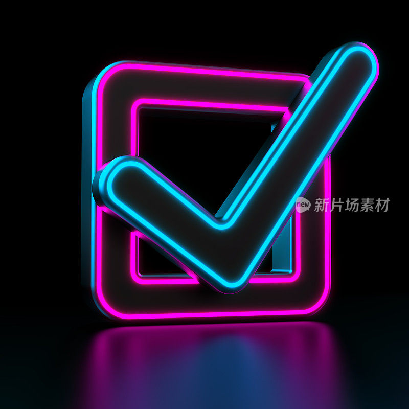 未来霓虹灯检查标志标志。检查标记隔离在黑色背景上。选中或批准图标或正确的选择符号。投票的概念。