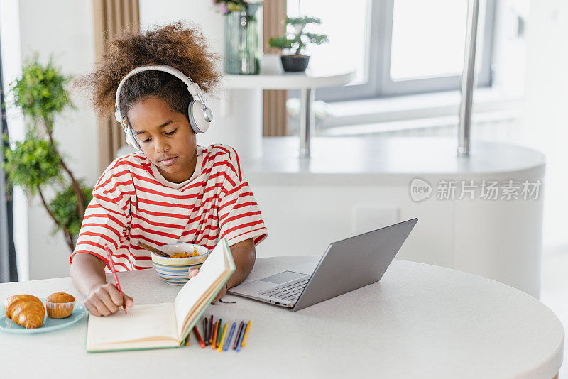 一个非洲裔美国小女孩正在家里用笔记本电脑学习