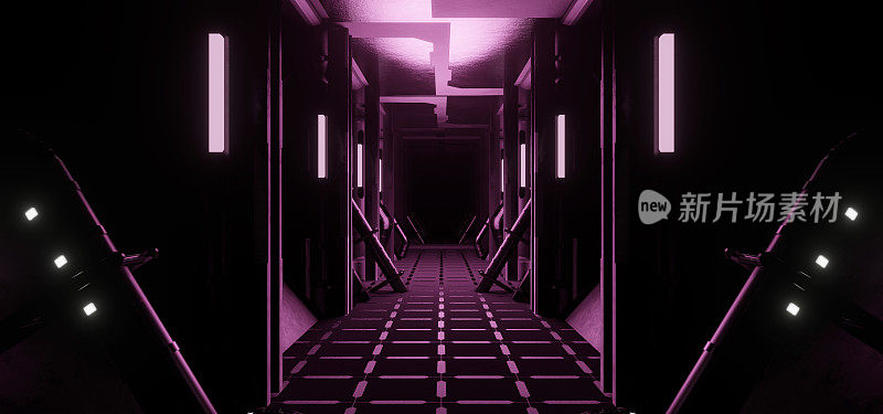 霓虹紫光，照明走廊，隧道，空旷空间，紫外光，80年代复古风格，时装秀舞台，抽象背景3d渲染