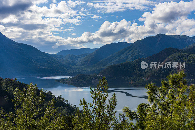 湖岸的森林，天空中的云在水面上的倒影