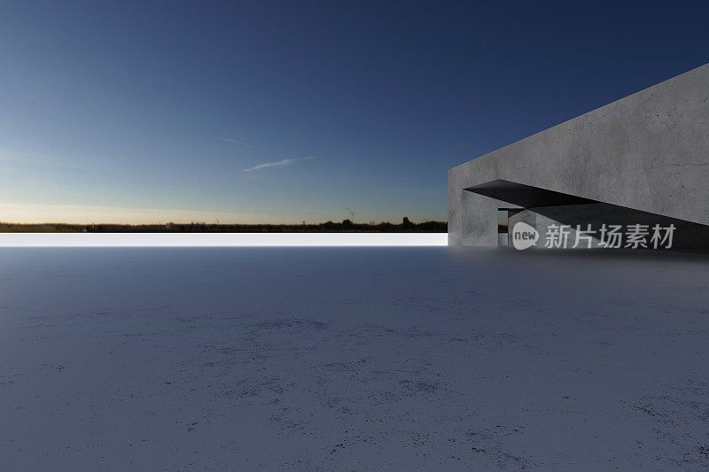 3d渲染未来主义建筑背景与空混凝土地板，汽车呈现。