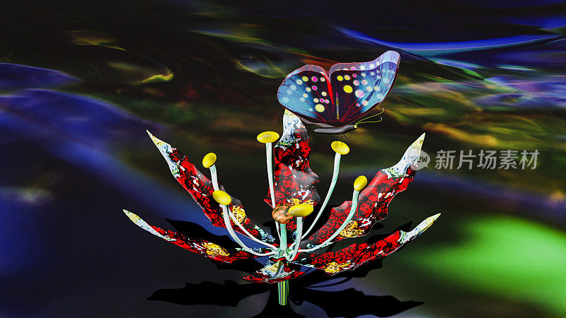 新的基因组编辑物种，红色和白色马达拉图案的花朵和蓝色反射蝴蝶