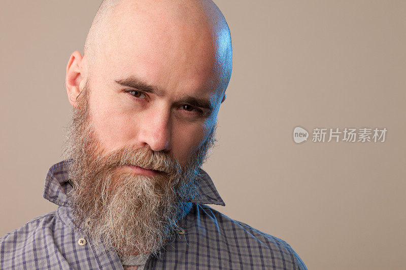 一名40岁剃着光头的大胡子男子的工作室肖像，他穿着一件米色背景的格子衬衫