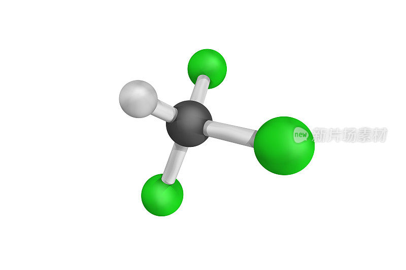 三氯仿或三氯甲烷的三维结构，一种无色、芳香、稠密的液体，作为聚四氟乙烯和制冷剂的前体被大规模生产