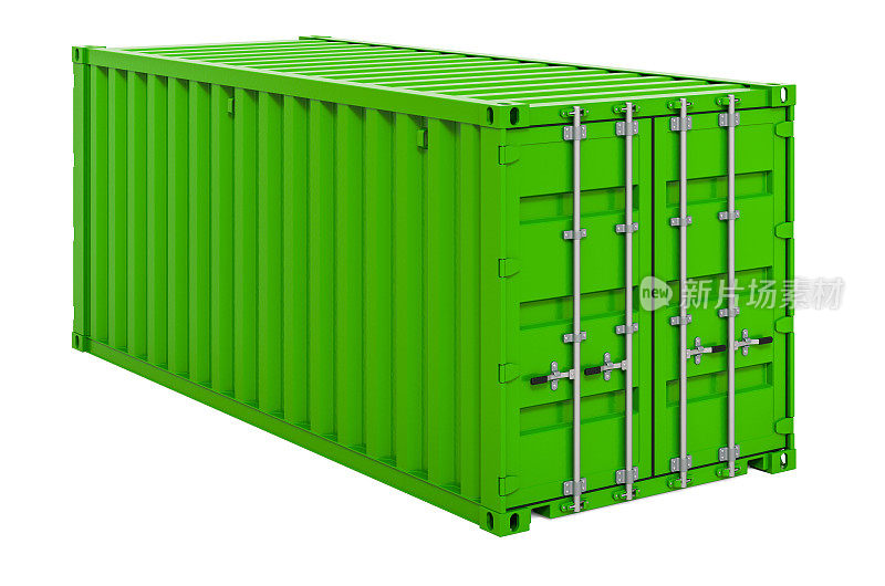 绿色货物集装箱海运运费，20英尺。3D渲染孤立的白色背景
