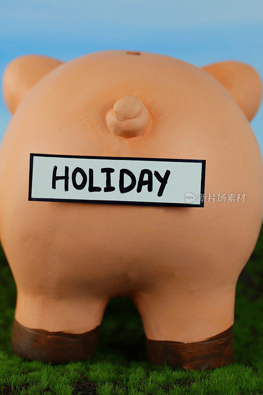 特写图像的小猪银行尾部与节日标签，插槽顶部，家庭财务和储蓄概念