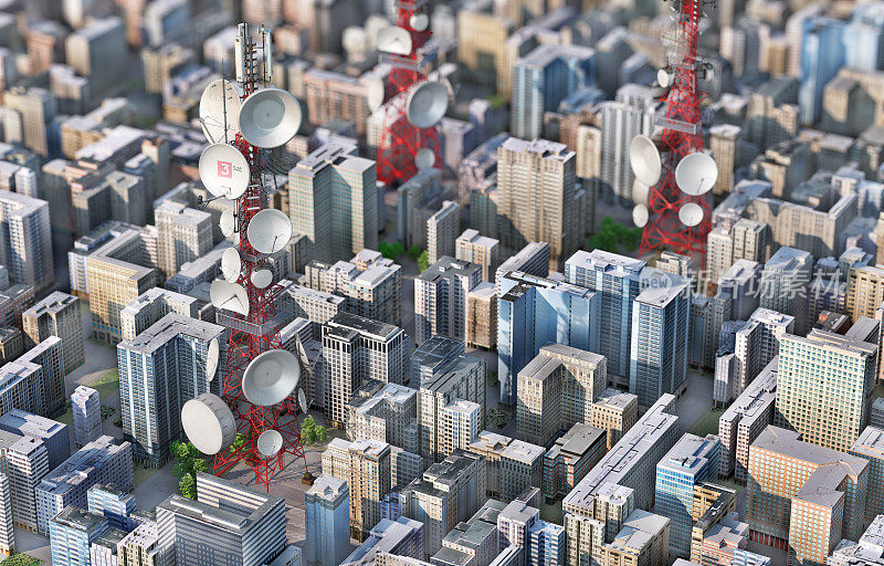 5g塔在城市的3d插图