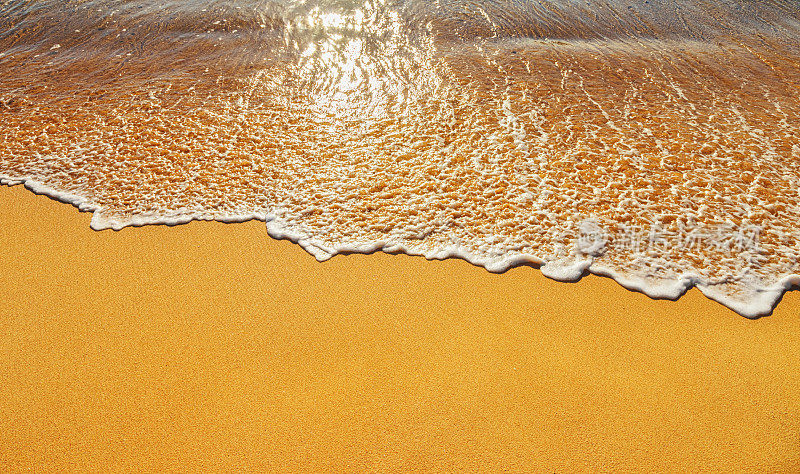 热带海滩，温柔的海浪冲刷着金色的沙滩