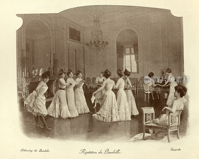 年轻女子排演四组舞，维多利亚时代的蒙太奇19世纪