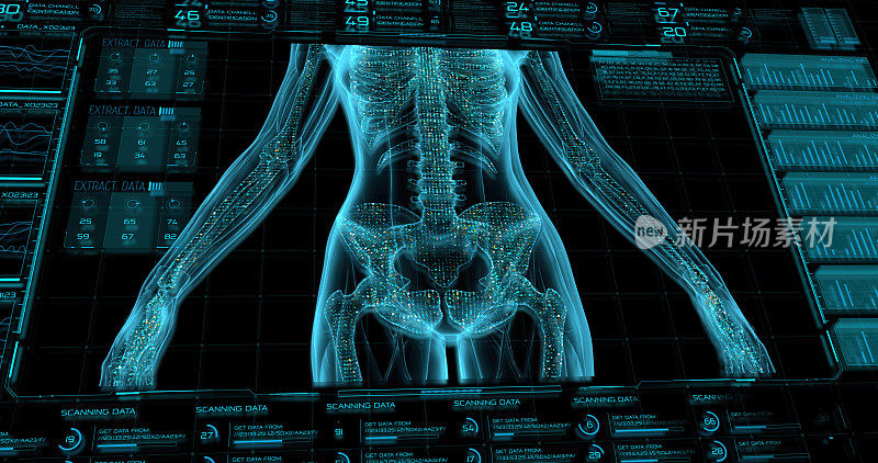 未来医疗程序的hud界面是带有数字可视化磁共振成像(MRI)的数字控制面板，可以获得人体骨骼和内部器官的3D图像。