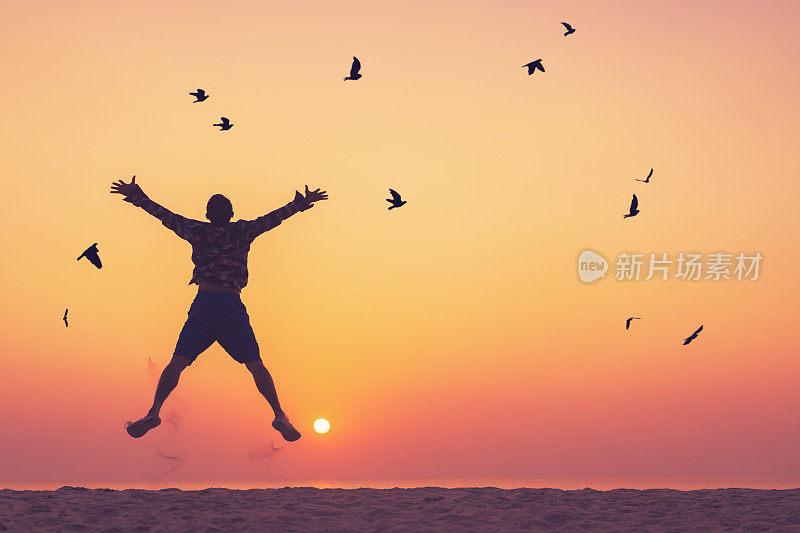 快乐的人跳跃在热带海滩与鸟在日落天空飞翔抽象的背景。自由自在的感觉好，旅行冒险的概念。