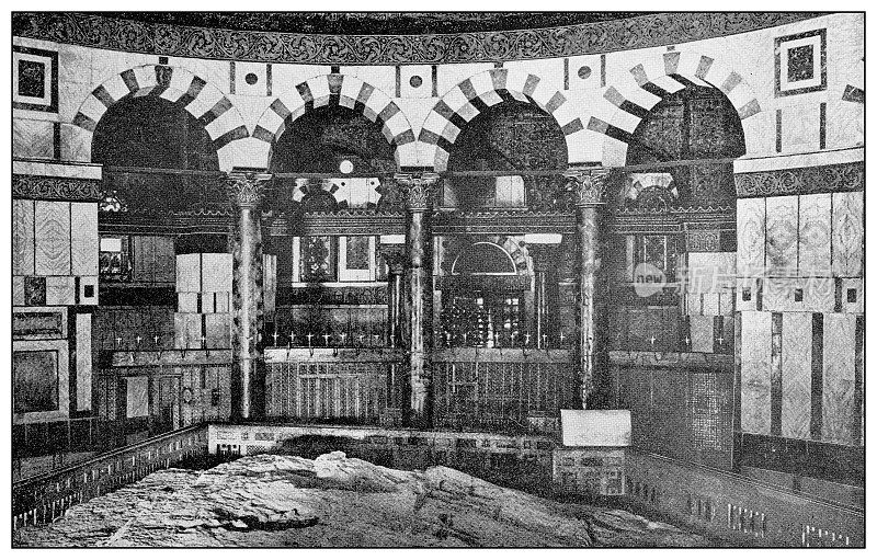 耶路撒冷和周围环境的古董旅行照片:奥马尔清真寺(室内)
