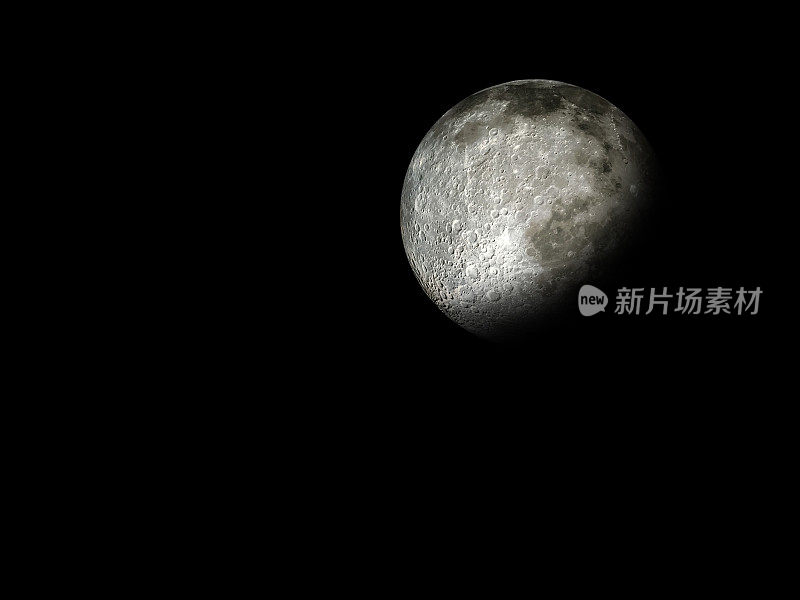 巨大的浮雕月亮与黑色的外太空背景蜡新月与夜空的星星背景。令人惊叹的小月球表面被太阳和月球黑暗的一面照亮。在繁星点点的夜空中划出戏剧性的线条