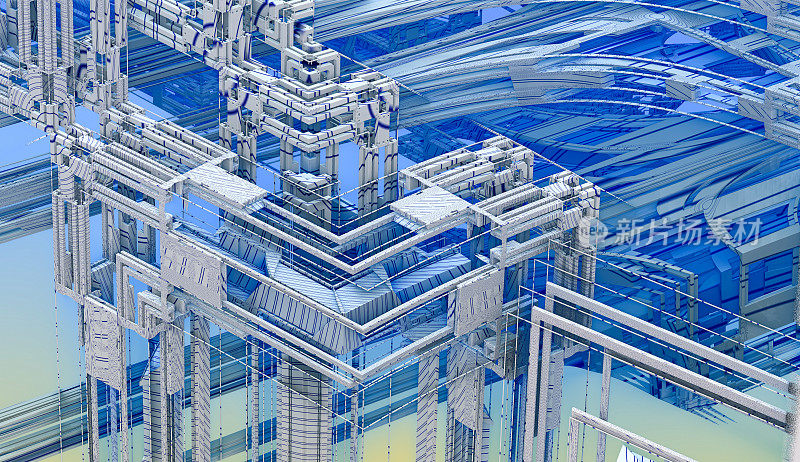 一个美丽的无限数学曼德尔布罗特集分形的三维插图未来蓝色金属结构宇宙飞船