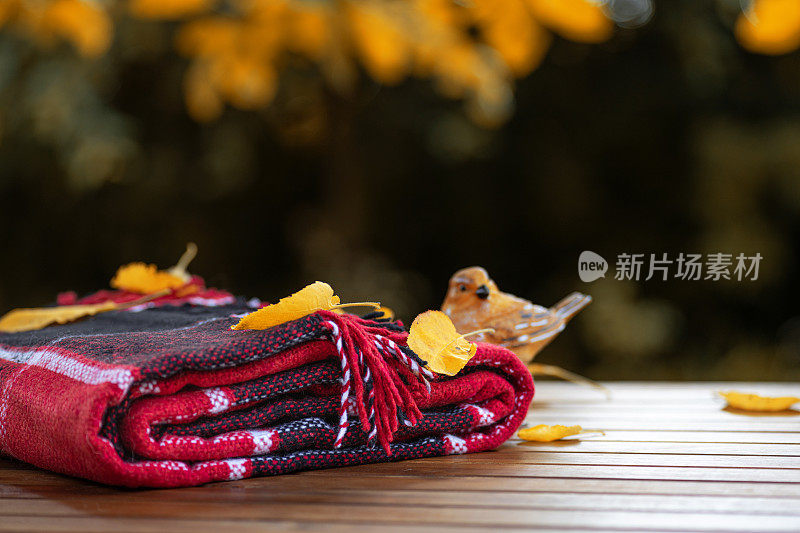 秋天的成分。温暖的羊毛红毯，鸟，装饰品，木桌上的秋叶。秋天的概念。秋天背景