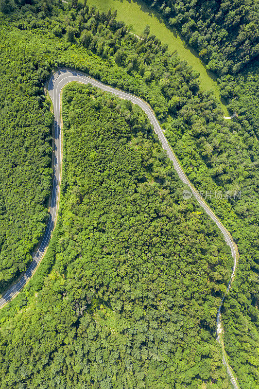 从上方俯瞰森林中空旷的蜿蜒道路