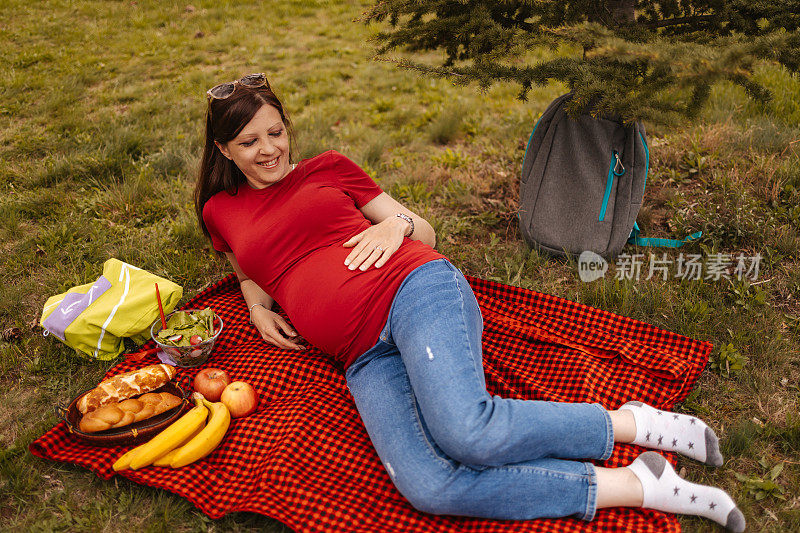 美丽的年轻孕妇躺在毯子上享受大自然。