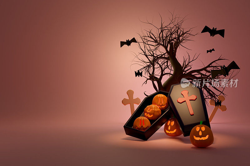 棺材和蜡烛灯在南瓜与树和蝙蝠快乐的万圣节，概念3d插图或3d渲染