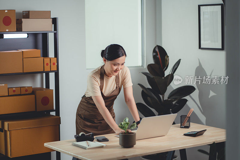 亚洲女性在线卖家使用笔记本电脑在家庭办公室检查库存产品。