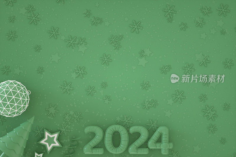 2024年新年气球与圣诞装饰绿色背景