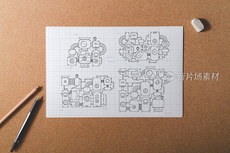 想象机器图纸在一个白色的蓝图网格纸