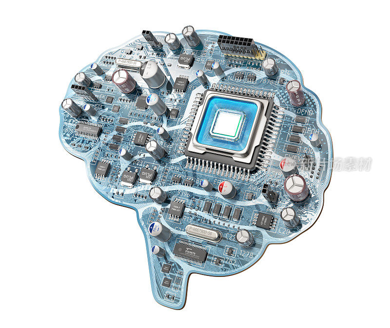 数字大脑。带有电脑芯片的人脑形状的电子印制板。三维演示