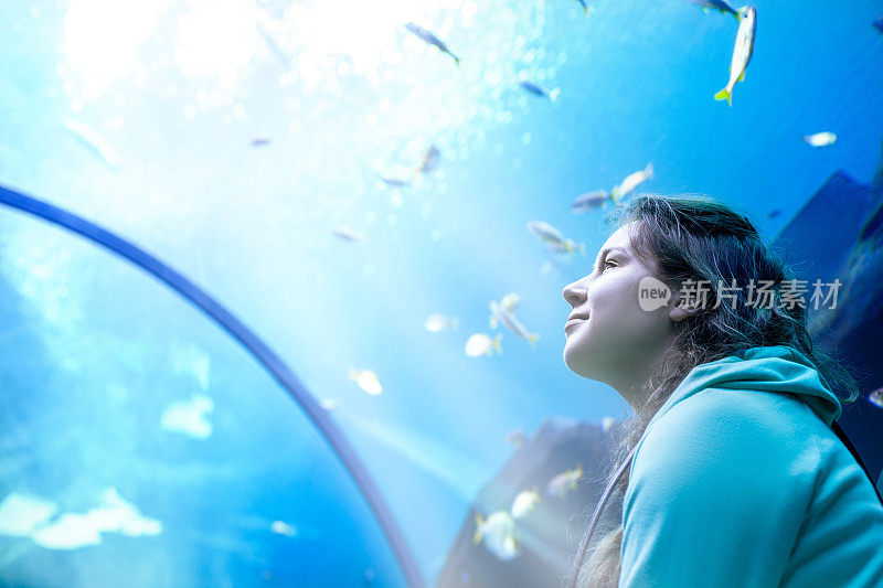 年轻漂亮的女人在热带水族馆里看鱼