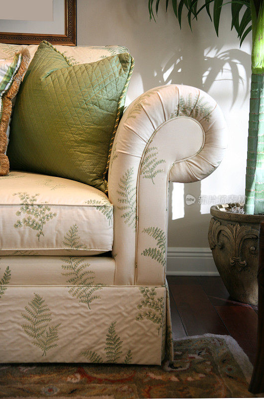 舒适的沙发与枕头和棕榈树