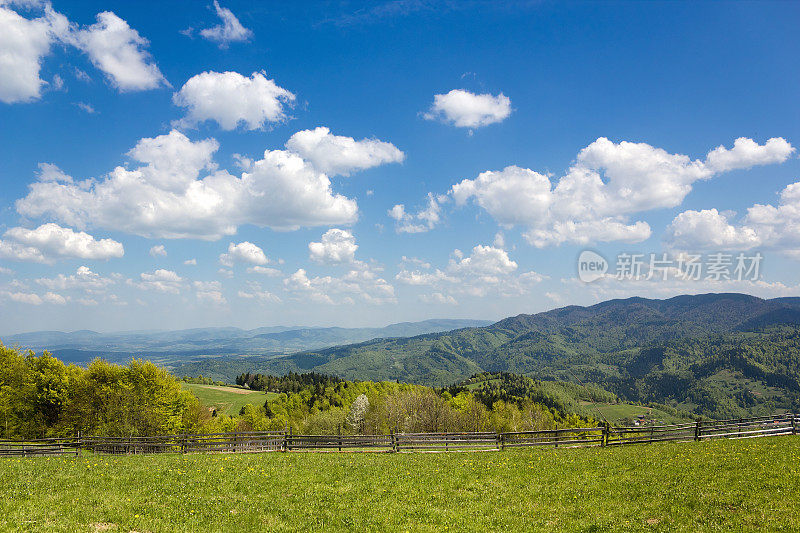 五月的山景。Beskid,波兰。