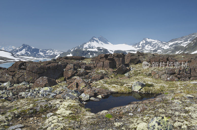 挪威Jotunheimen的岩石、水、雪、冰和山峰