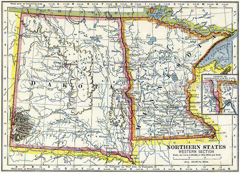 达科他和明尼苏达州，美国地图1883年