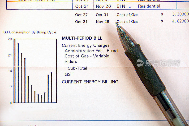 特写家庭公用事业天然气账单与笔