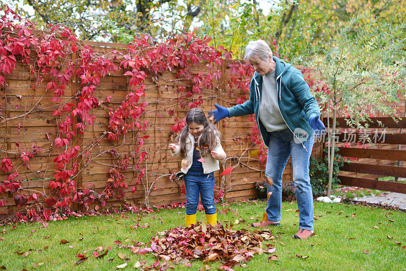 奶奶和孙女在扔树叶