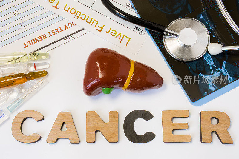 肝癌概念照片。肝脏的解剖形态位于字母组成词癌附近，周围环绕着一系列的测试、分析、药物、核磁共振和听诊器。肝癌的诊断治疗