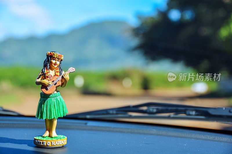 草裙舞女孩和她的尤克里里琴在夏威夷考艾岛的乡间兜风。