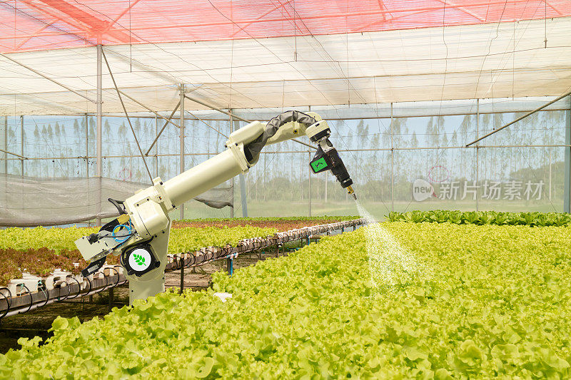 智能机器人在农业的未来概念中，机器人农民(自动化)必须通过编程来喷洒化学药品、化肥或提高效率、种种子、收割、缩短时间