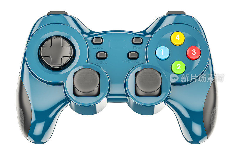 蓝色的游戏控制器，3D渲染孤立的白色背景