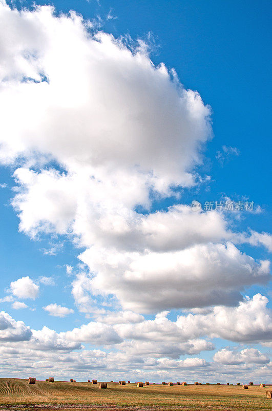 稻草捆在田野上，天空充满了戏剧性