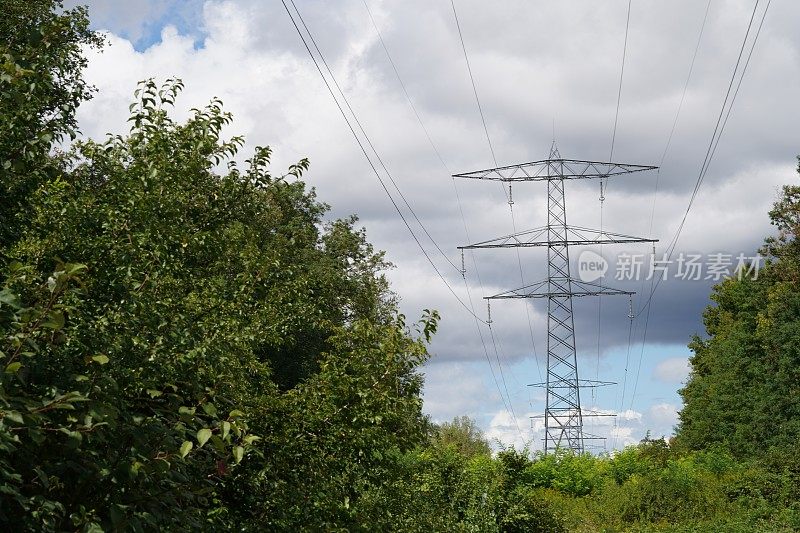 绿色树木之间用架空电线传输电力的高压金属塔。