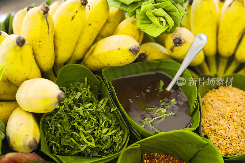 泰国香蕉和辛辣食物的配料特写