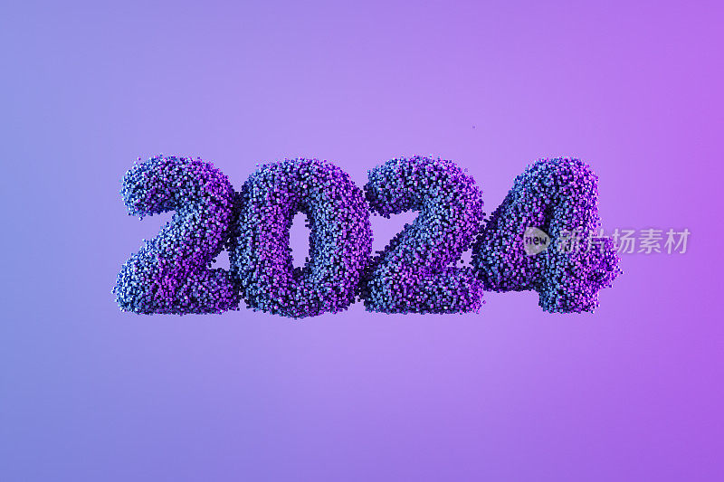 2024年新年，霓虹背景上的粒子