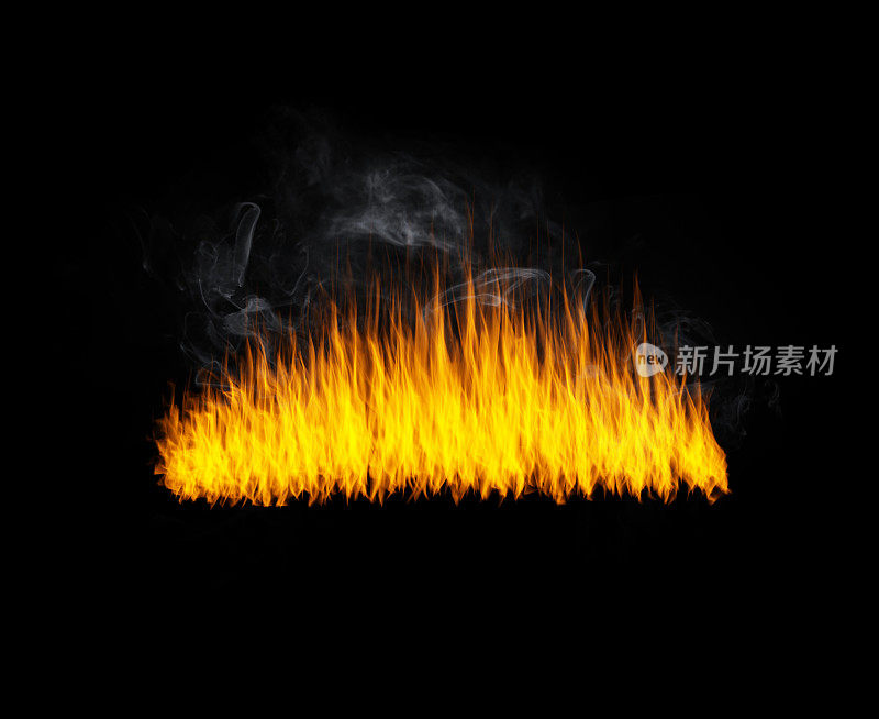 烟，火焰和热量在黑色的背景与纹理，图案和燃烧的光能。火线，燃料和火炬隔离在深色壁纸设计或爆炸在篝火，热电或地狱